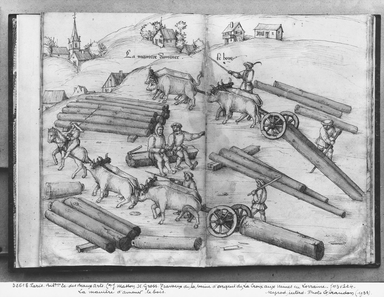 La Croix-aux-Mines、Lorraine、fol.3vおよび4rの鉱山、木材の輸送、c.1530（紙の上にペンとインクとトイレ） 作： ハインリッヒグロスまたはグロフ