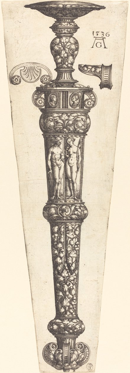 裸のカップルが描かれた大型短剣の鞘、1536 年。 作： ハインリッヒ・アルデグリーバー