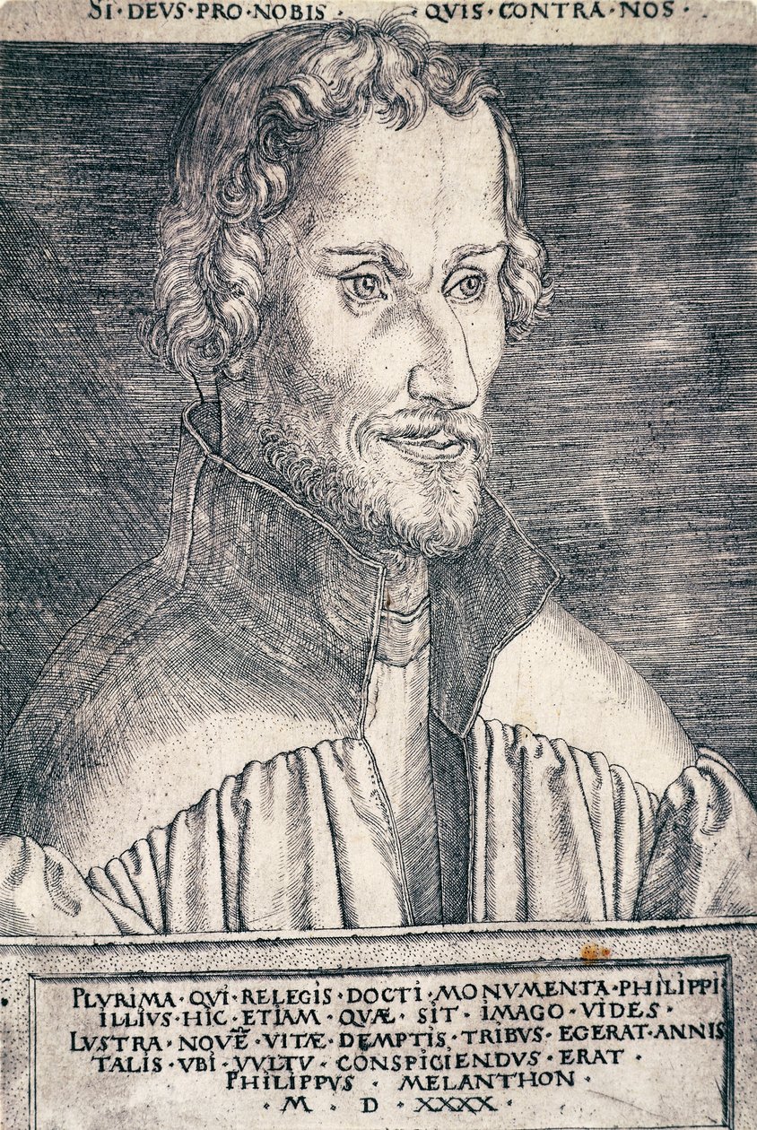 Philip Melanchthon または Philipp Schwarzerd (1497-1560)、ドイツの人道主義者および神学者の肖像、Heinrich Aldegrever (1502-ca 1561) による彫刻 作： ハインリッヒ・アルデグリーバー