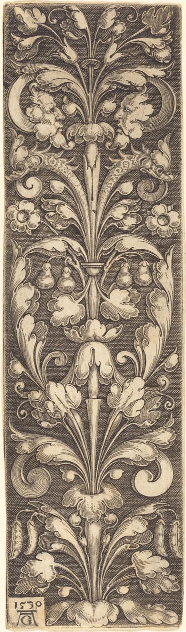 2 つの仮面と 2 頭のイルカが描かれた観賞用の葉の小枝、1530 年。 作： ハインリッヒ・アルデグリーバー