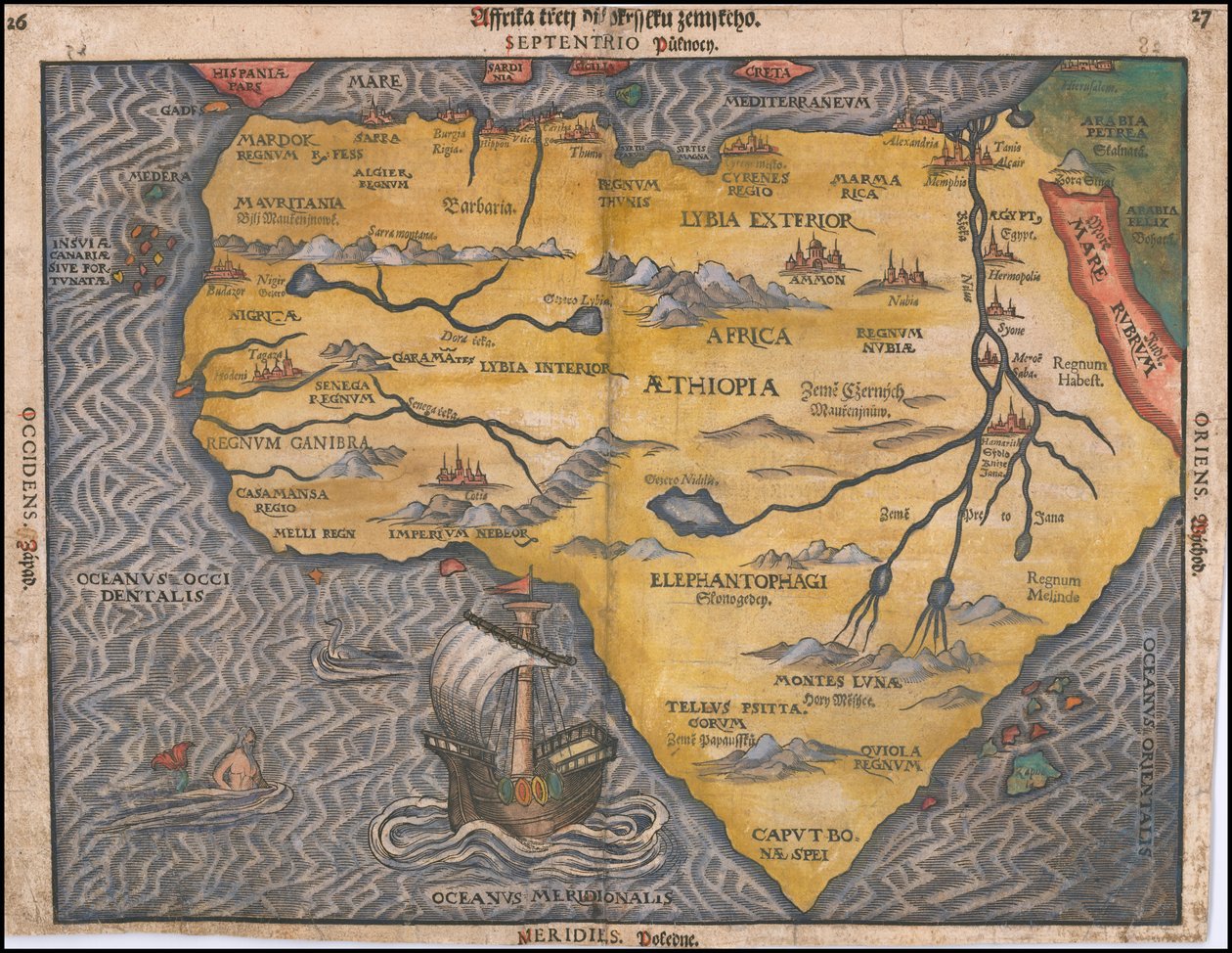 1592年、ハインリヒ・ビュンティングによるチェコのアフリカ地図 作： ハインリッヒ・ブンティング