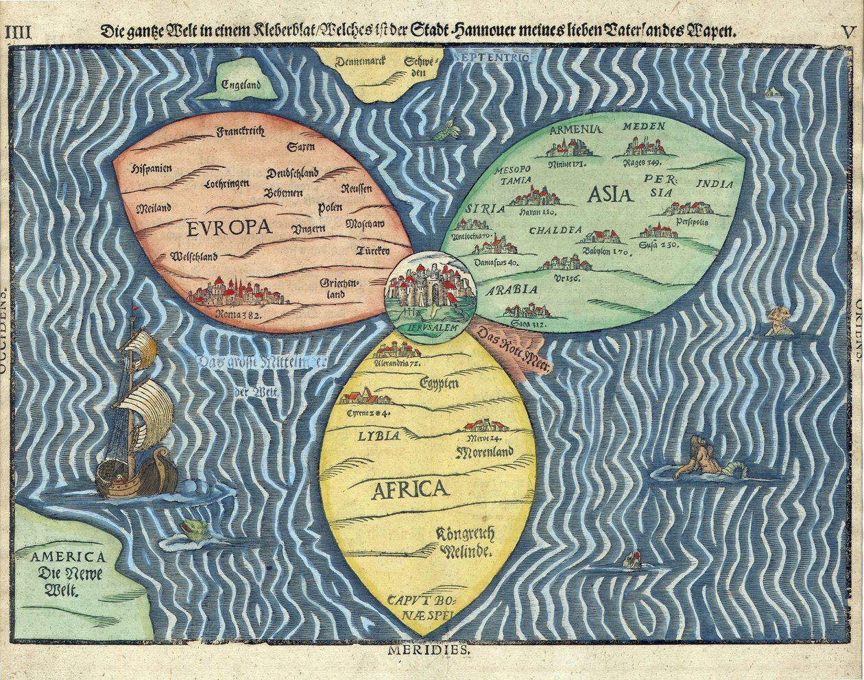 世界の中心にエルサレムがある三大陸 パー Heinrich Buntig (Buentig)(1545-1606) 作： ハインリッヒ・ブンティグ