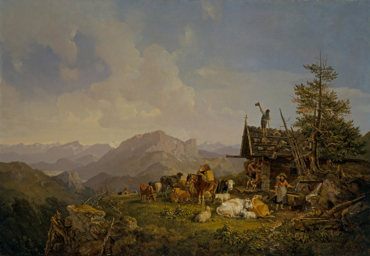 小屋のそばで休息する牧畜民と牛のいるオーバーバイエンの風景 作： ハインリヒ・ブルケル