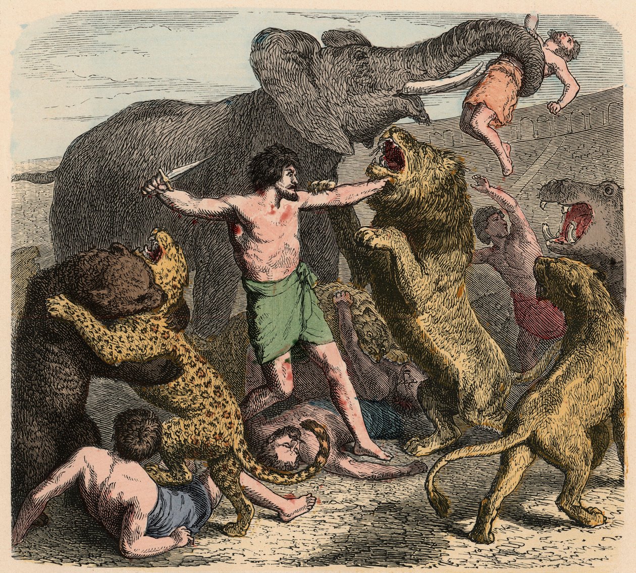 【メール便不可】 古代ローマ：野生動物に襲われた犯罪者、1866年 絵画