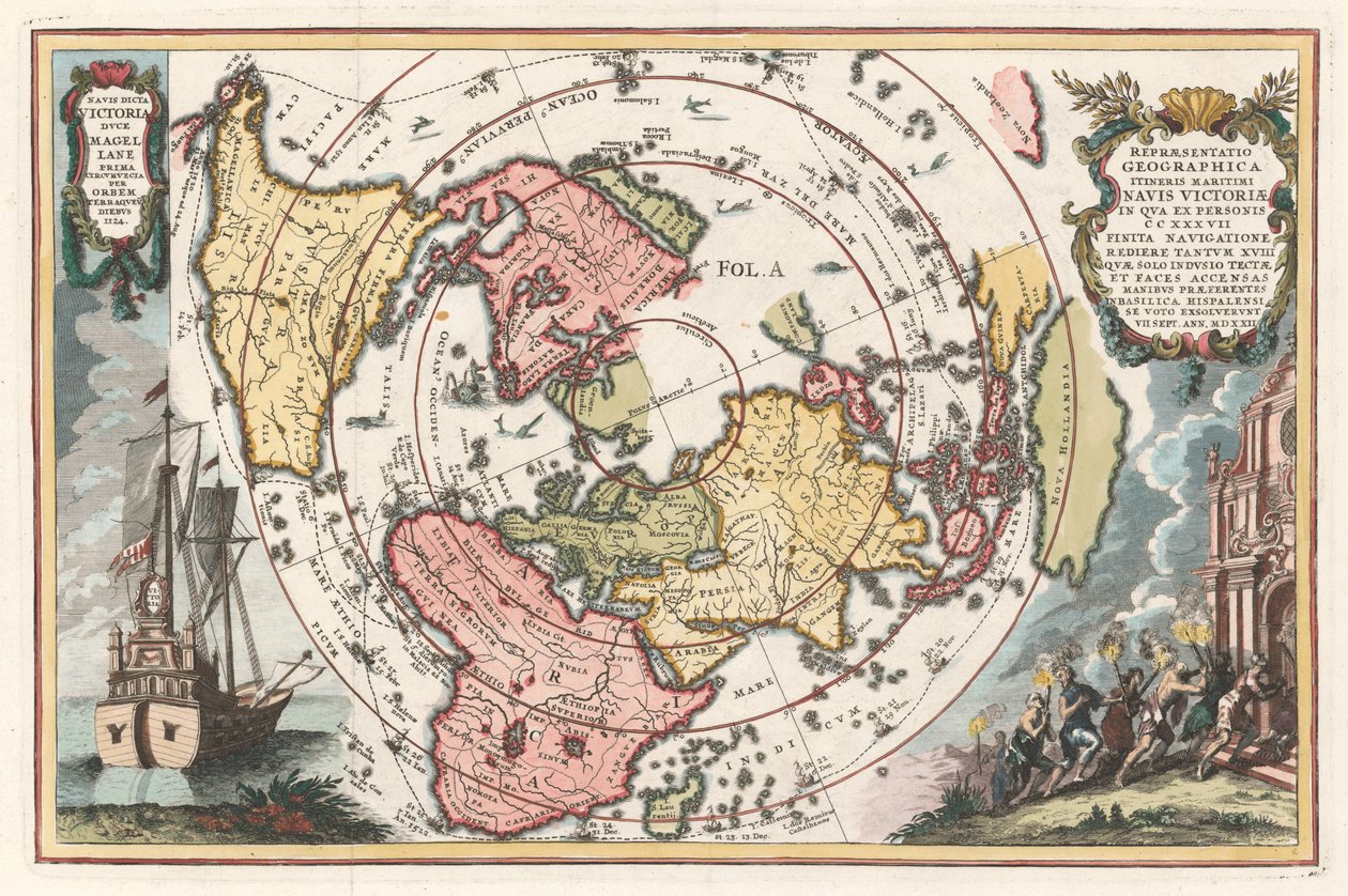 マゼランの世界周航を含む世界地図 Scherer の Atlas novus、1702-1703