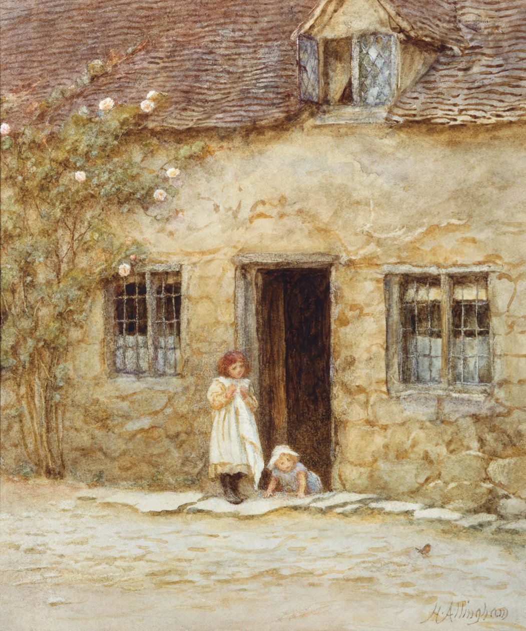 At the Cottage Door（水彩画にスクラッチを入れたもの 作： ヘレン・アリンガム