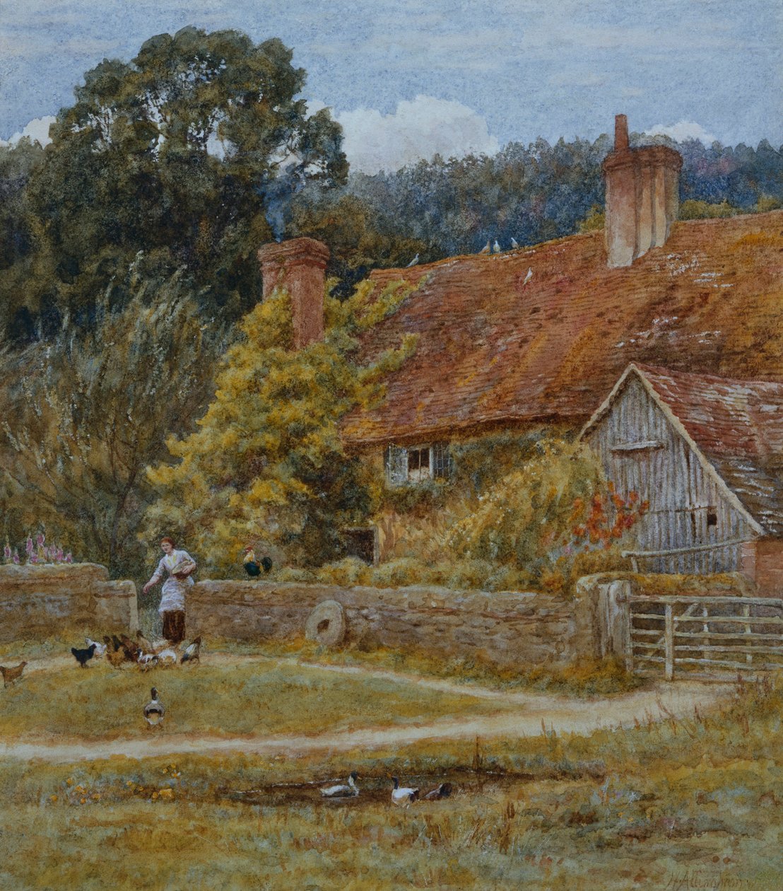 Netley Farm、Shere、Surrey（スクラッチアウトのある水彩画） 作： ヘレン・アリンガム