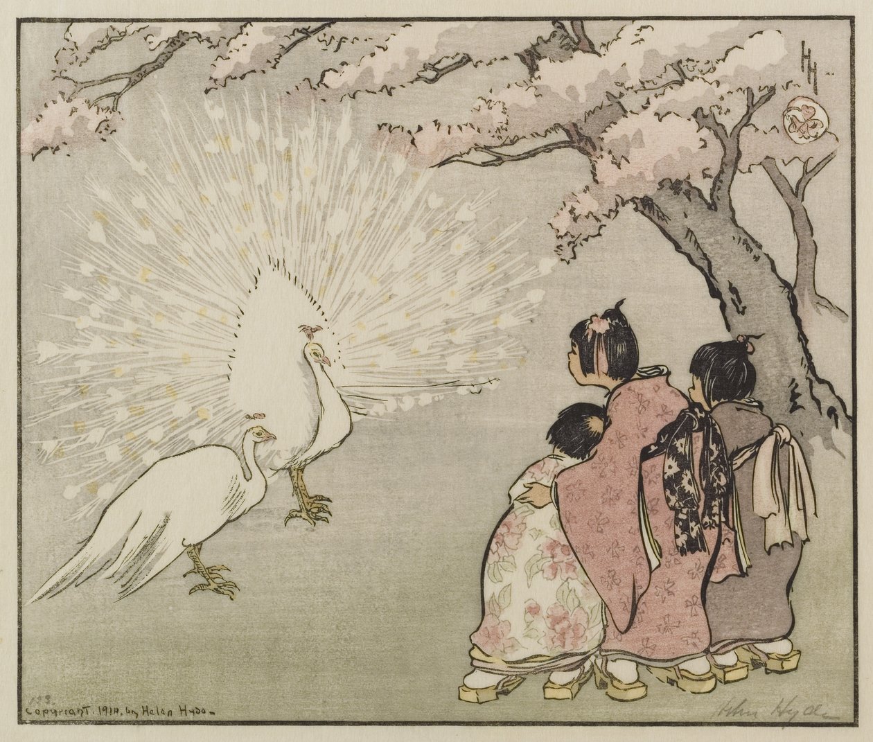 白孔雀、1914年（木版画の色） 作： ヘレン・ハイド