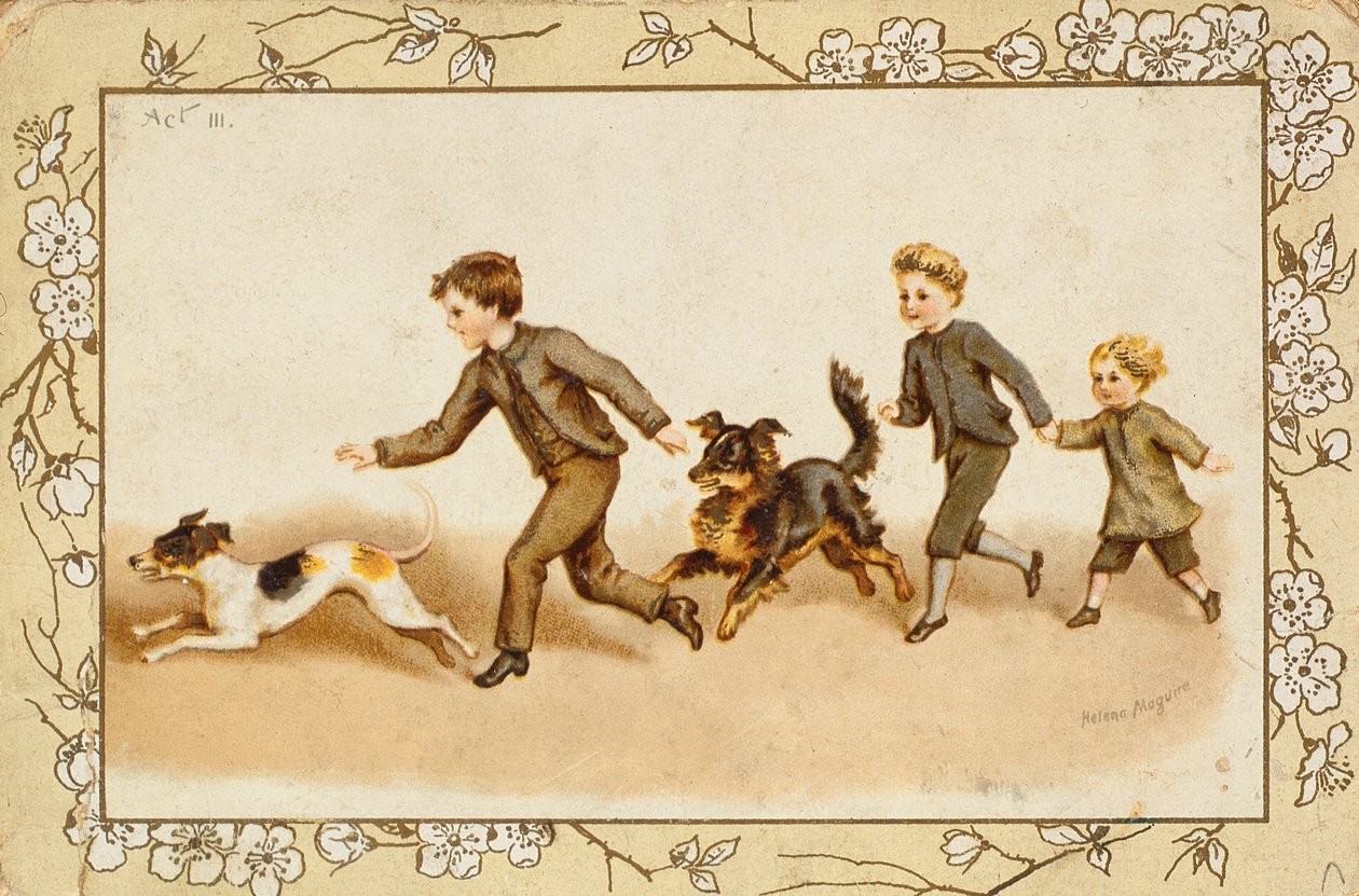 犬と遊ぶ子供たちを描いたグリーティングカード 作： ヘレナ・J・マグワイア