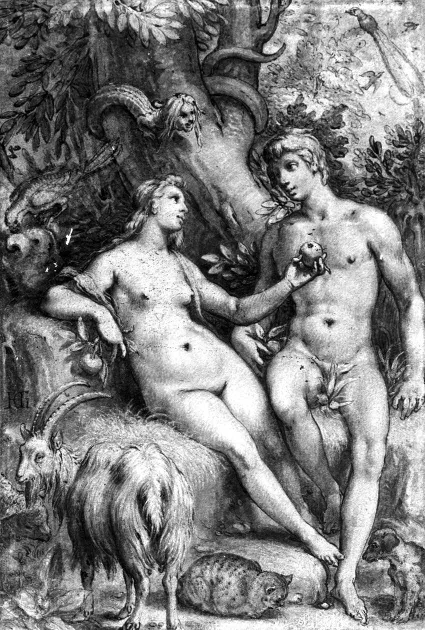誘惑、c.1597（ペン、インク、紙の上で洗う） 作： ヘンドリック・ゴルツィウス