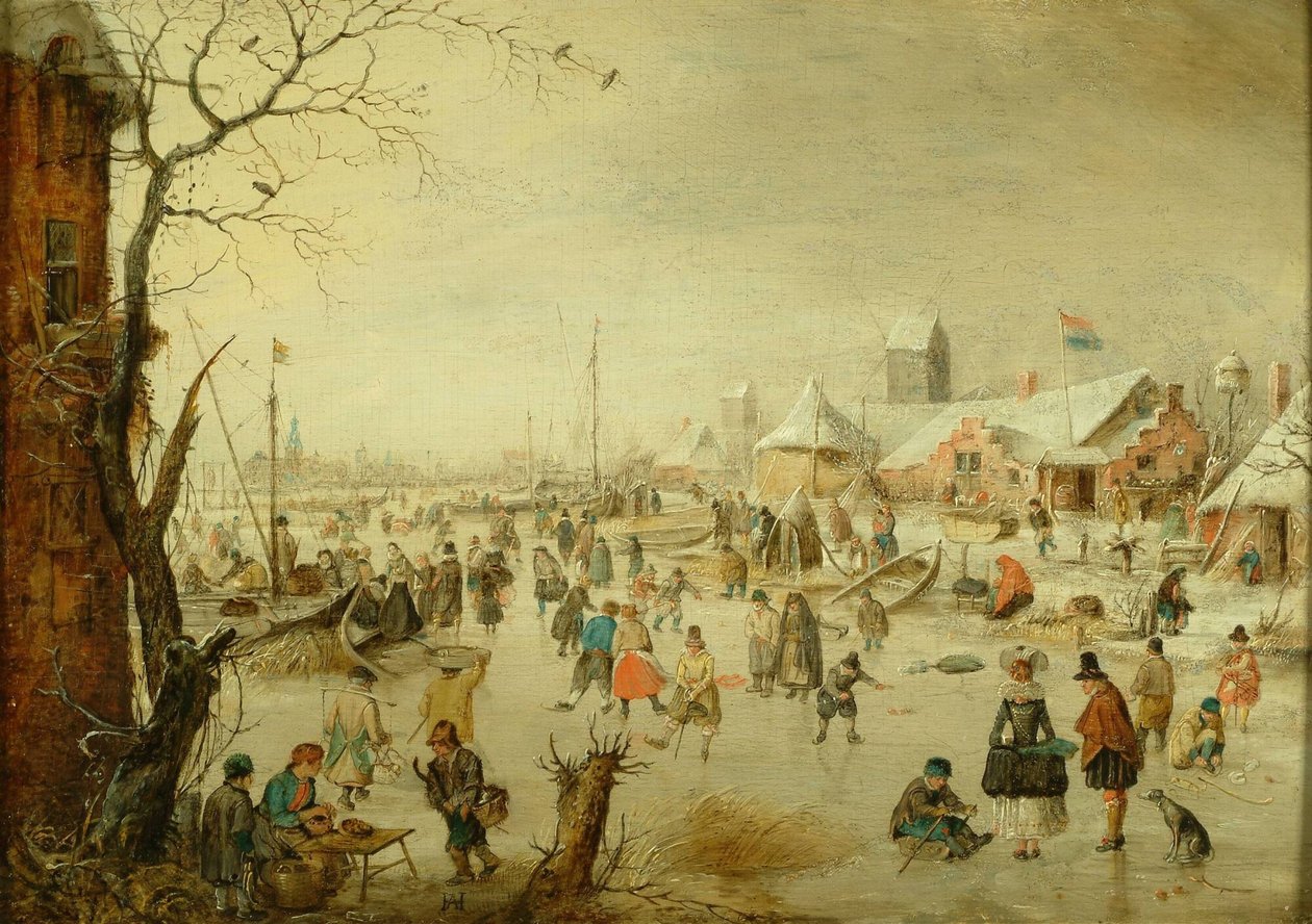 オランダ：アイススケーターのいる冬景色 氷の上の風景 作： ヘンドリックアバーキャンプ