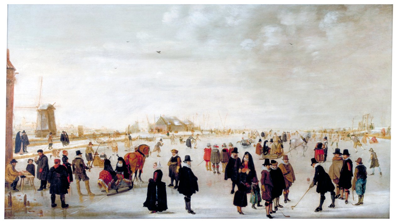 「カンペン近くのアイセル川の冬の風景」、c1615。 作： ヘンドリックアバーキャンプ