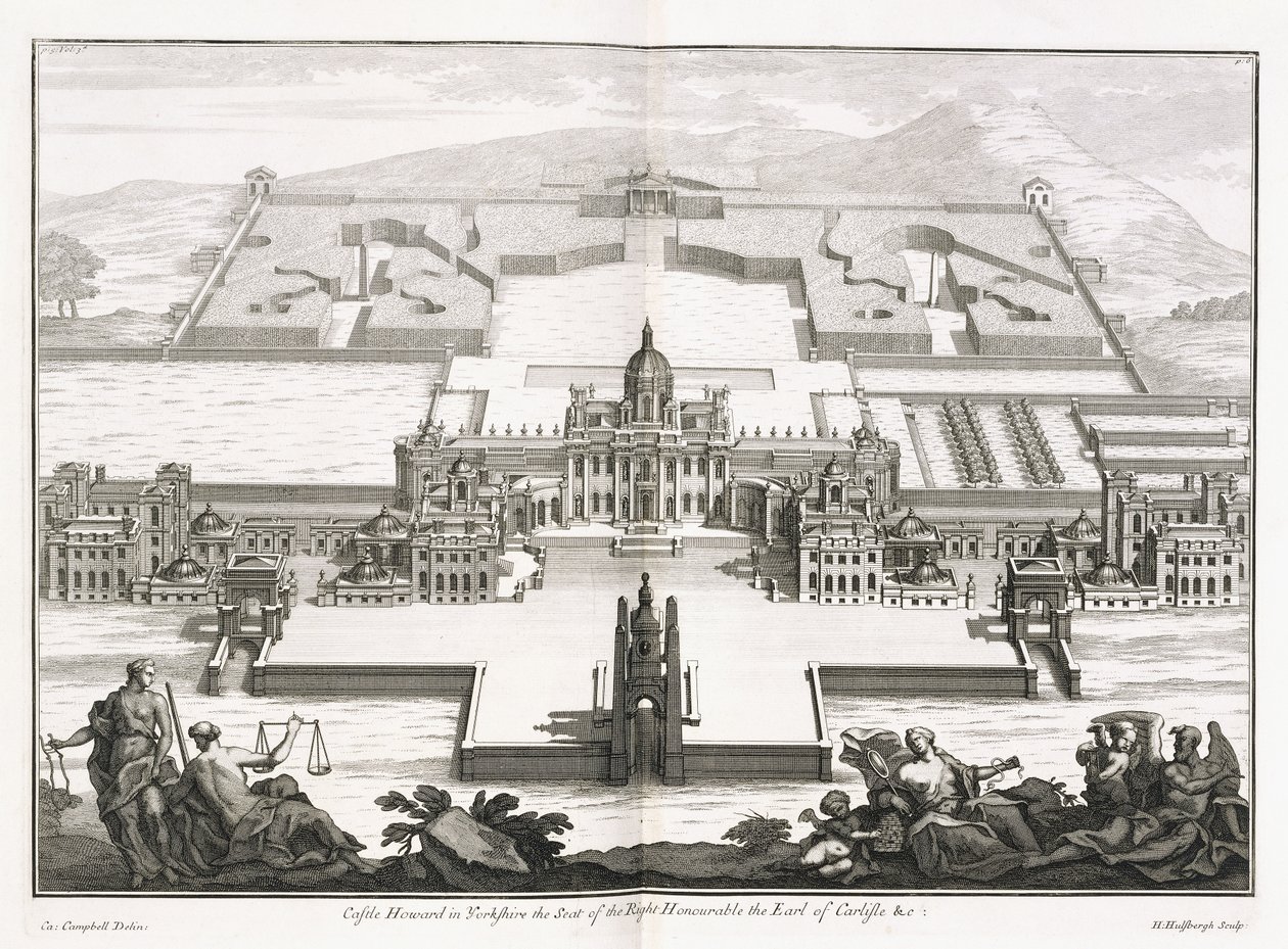 ヨークシャーのキャッスルハワード、「Vitruvius Britannicus」、または「英国の建築家、英国の公的および私的の両方の通常の建物の計画、立面図、およびセクションを含む」、Colin Campbell 作： ヘンドリック・ハルスバーグ