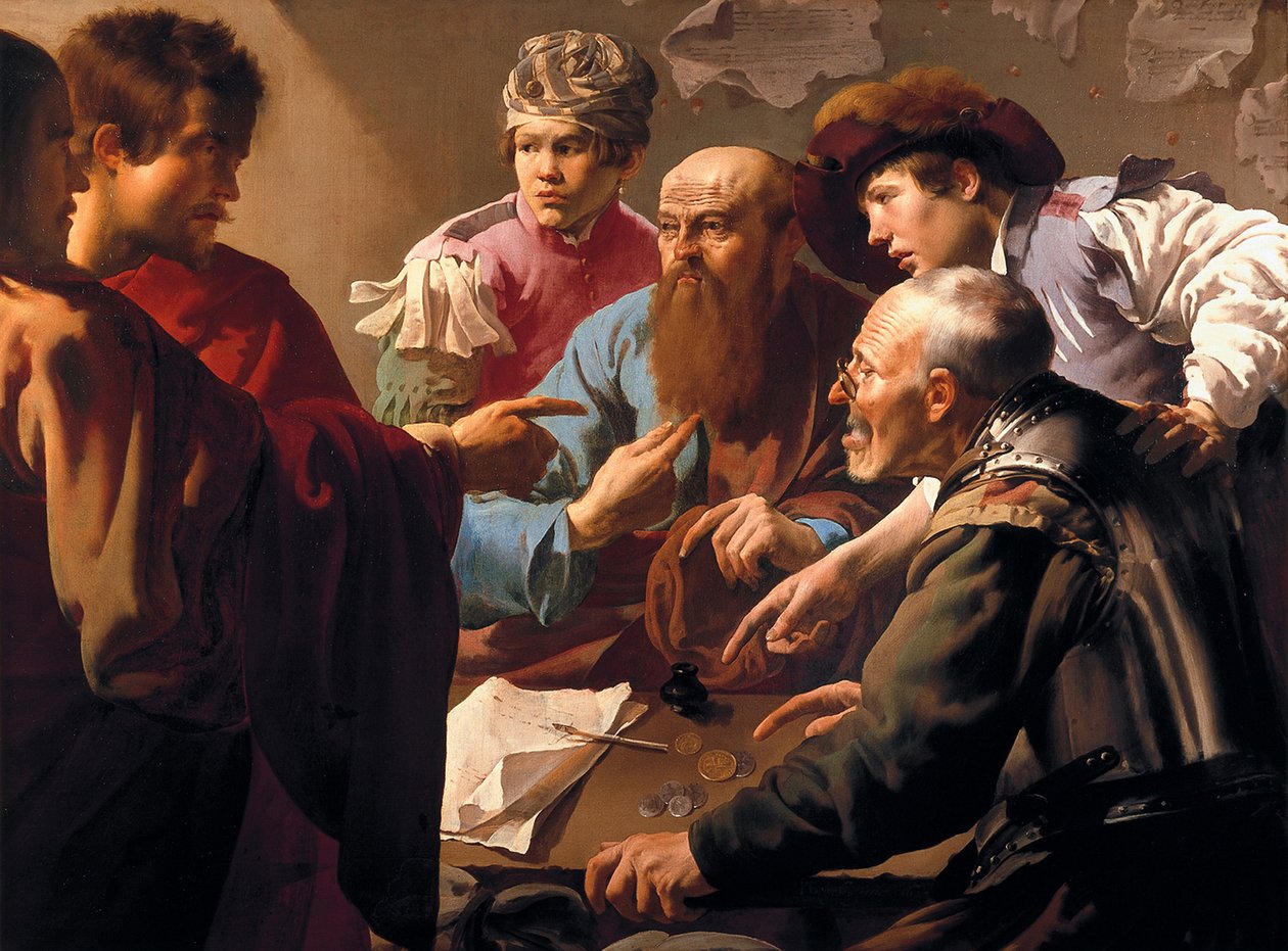 聖マタイの呼び声 (61 年没) (The Call Of Saint Matthew)。 カペナウム (イスラエルのカペナウム、ケファル ナホム) の税関に座っていた彼は、イエスによって指定され、彼に従い、使徒の 1 人になり、福音を書きました。 画家 作： ヘンドリック・ヤンス・テルブルッヘン
