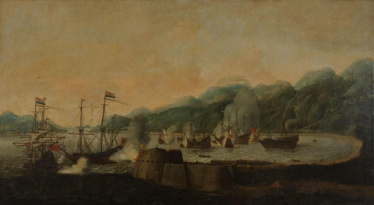1639 年 9 月 30 日、ゴア ヴェーリャ湾で 3 隻のポルトガル ガレオン船に奇襲攻撃を行うコーネリス シモンズ ファン デル ビアの指揮下にあるオランダ戦隊 作： ヘンドリック・ヴァン・アントニッセン