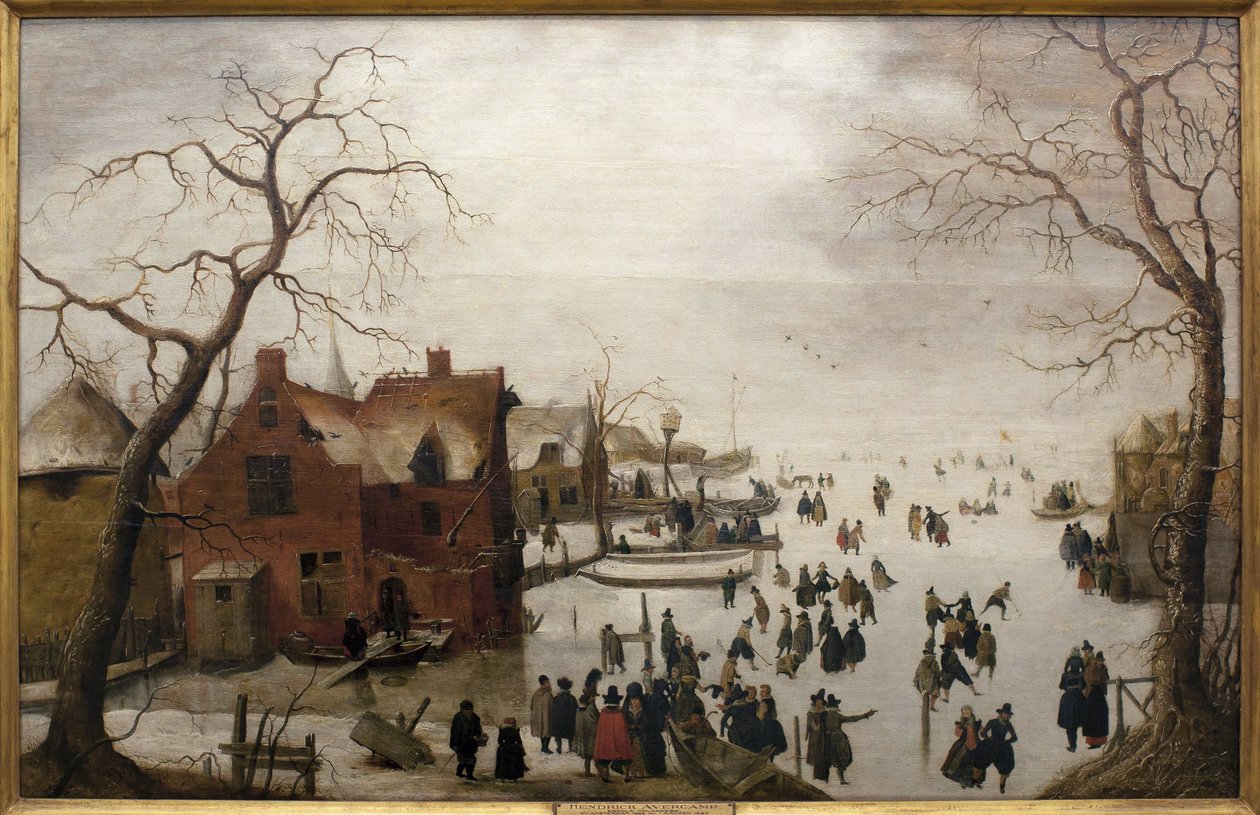 冬の情景-ヘンドリック・アヴェルカンプ（1585-1634）の絵画、木に油彩、1620年頃（冬の情景、ヘンドリック・アヴェルカンプ作、パネルに油彩、1620年頃）-エヴォラ美術館（ポルトガル 作： ヘンドリック・アヴェルキャンプ