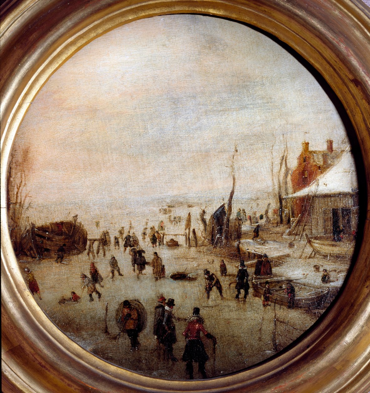 アイススケーターとホッケー選手のいる冬の風景 ヘンドリック・アヴェルカンプ（1585-1634）による絵画 直径25cm Musei di Strada Nuova（旧Palazzo Rosso） Genes イタリア 作： ヘンドリック・アヴェルキャンプ
