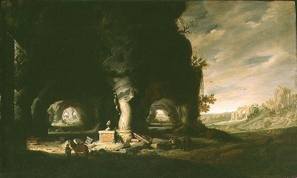 架空の風景の中の石窟」1643年頃（パネルに油彩 作： ヘンドリック・コルネリス。ヴァン・フリート