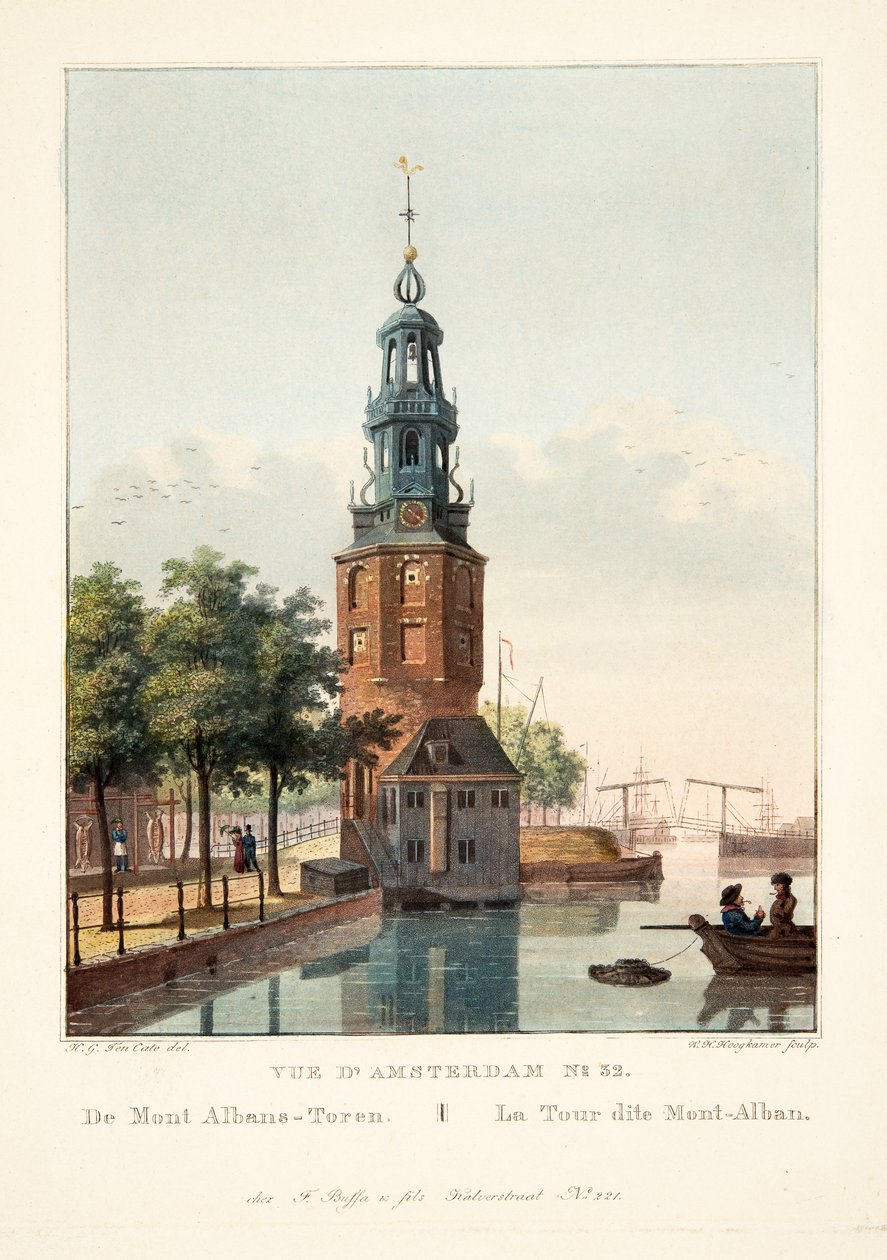 アムステルダムNo.32の景色。モンオールバントーレンから。 La Tour dit Mont-Alban、1825（手彩色の彫刻） 作： ヘンドリック・ゲリット・テン・ケイト