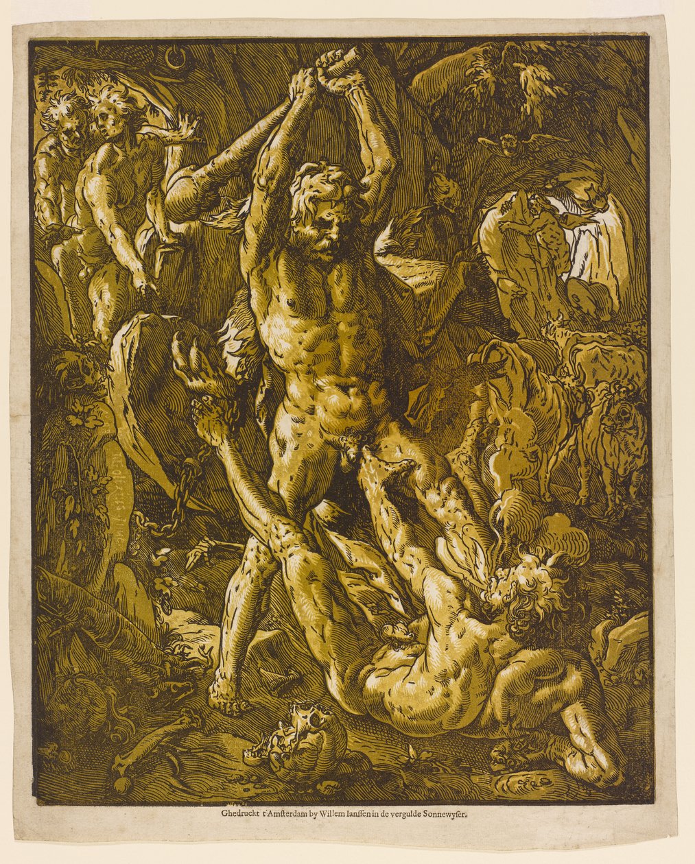 ヘラクレスとカクス、1588（敷設紙にキアロスクーロの木版画） 作： ヘンドリック・ゴルツィウス