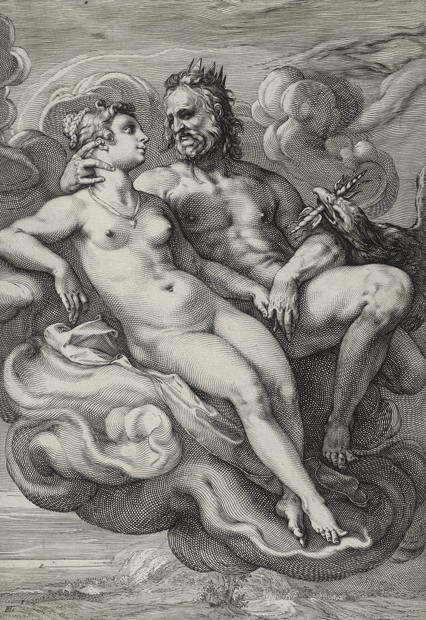 木星とジュノ、1593-94年（敷き紙に彫刻） 作： ヘンドリック・ゴルツィウス