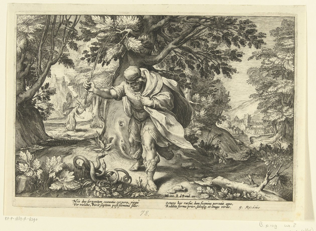テイレシアスが2匹の蛇の交尾を打ち負かす（Ovid「Metamorphoses」より 作： ヘンドリック・ゴルツィウス