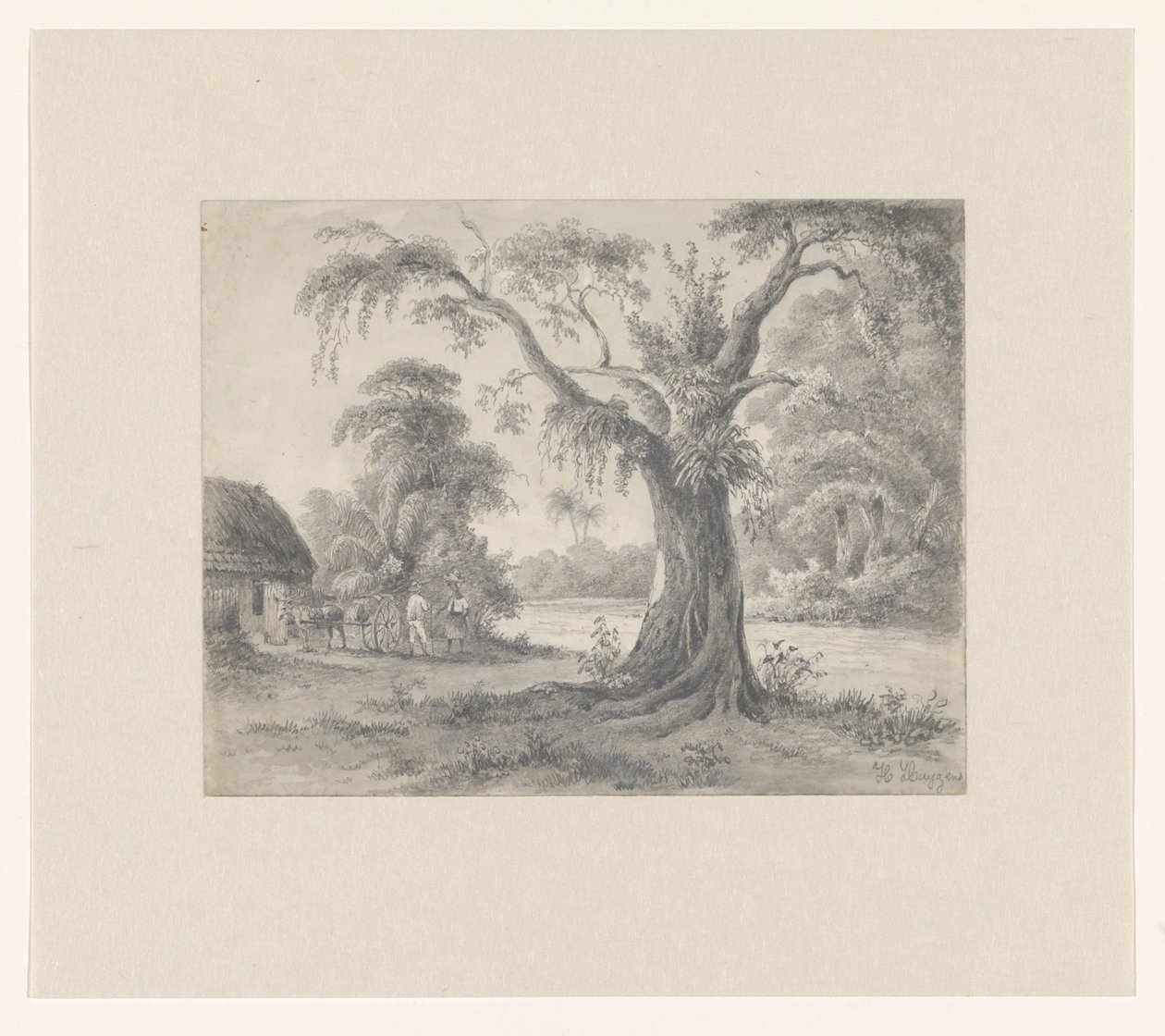 木と小屋のある風景と馬と馬車と 2 人の人物 作： Hendrik Huygens（アーティストによる署名）