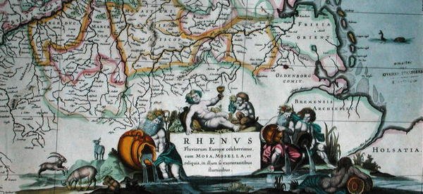 1639年アムステルダムの「Le Nouveau Theatre du Monde」からのライン川の流れの地図のカルトゥーシュ（カラーエングレーヴィング）。 作： ヘンドリクIホンディウス