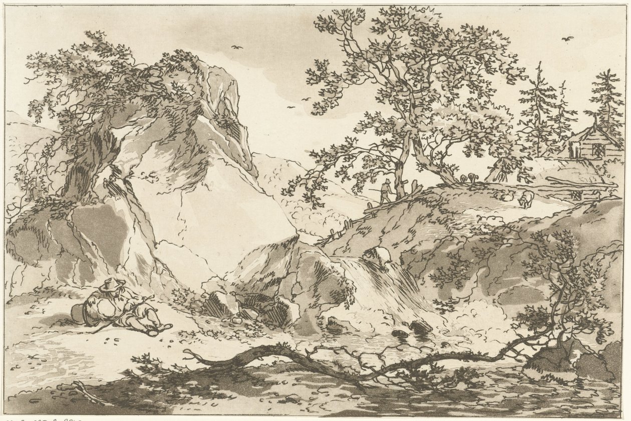 Heuvelachtig landschap met eenrustende man 風景画を学ぶ人のために計算された12のデザイン（連載タイトル） 作： ヘンドリック・マイヤー