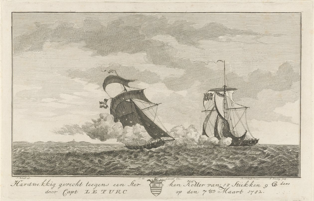 強力なカッターとの戦い、1782 年 1782 年 3 月 7 日の Le Turc 大尉による 18 ピースの強い Kotter に対する頑固な戦い (オブジェクトのタイトル) 作： ヘンリック・ルーシング