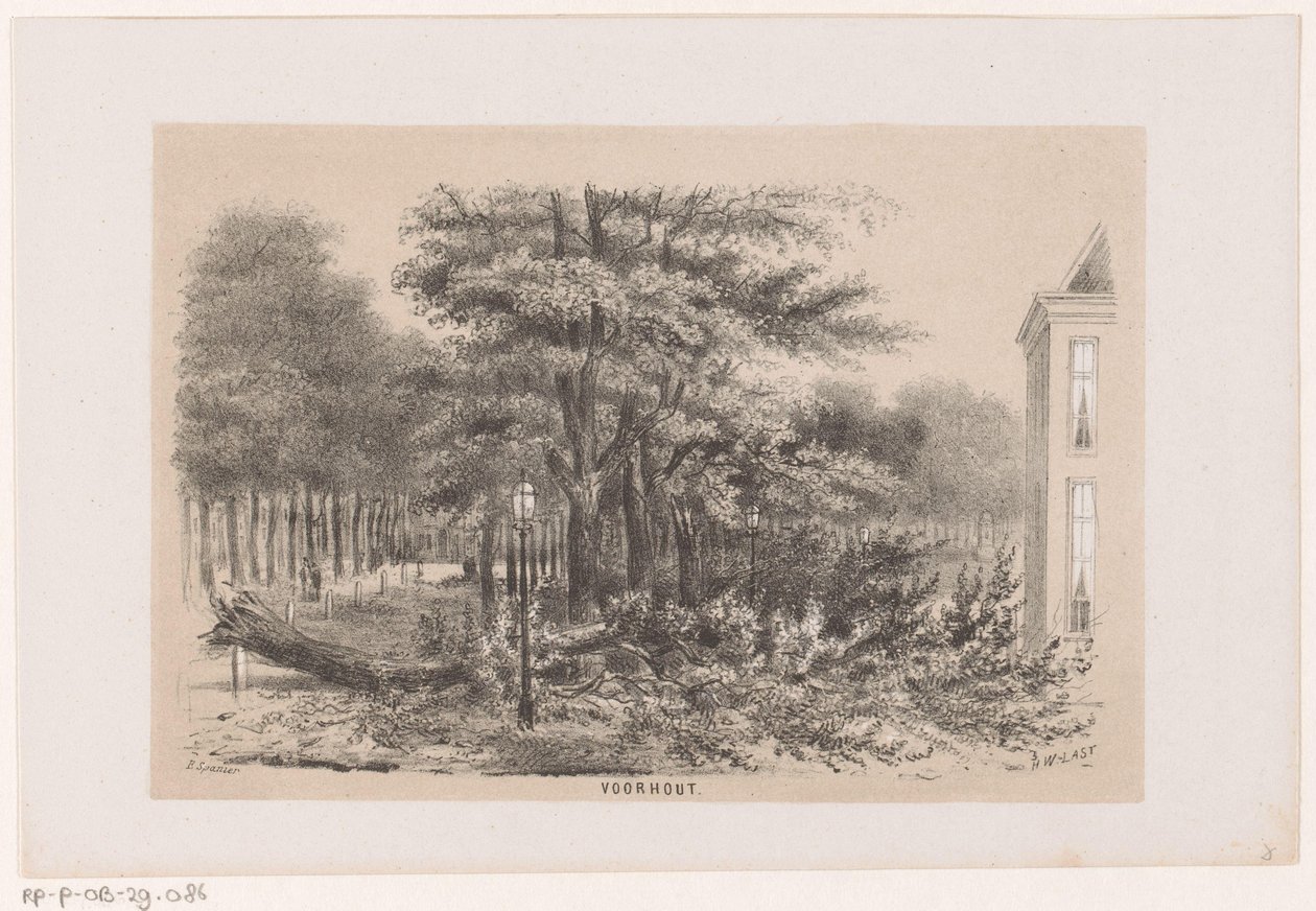 1860 年 5 月 28 日の嵐の後、Voorhout 近くの吹き倒された木 Voorhout (オブジェクトのタイトル) 1860 年 5 月 28 日の嵐の影響を受けたトネーレン ファン デ フェルウォスティングを描いた 10 枚のリトグラフ スケッチのアルバム 作： ヘンドリックウィルヘルムスラスト
