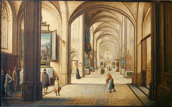 訪問者に絵画を見せているサクリスタンのある教会の内部、1608年（カードに油彩） 作： ヘンドリック・ザ・ヤング・ステーンウィック
