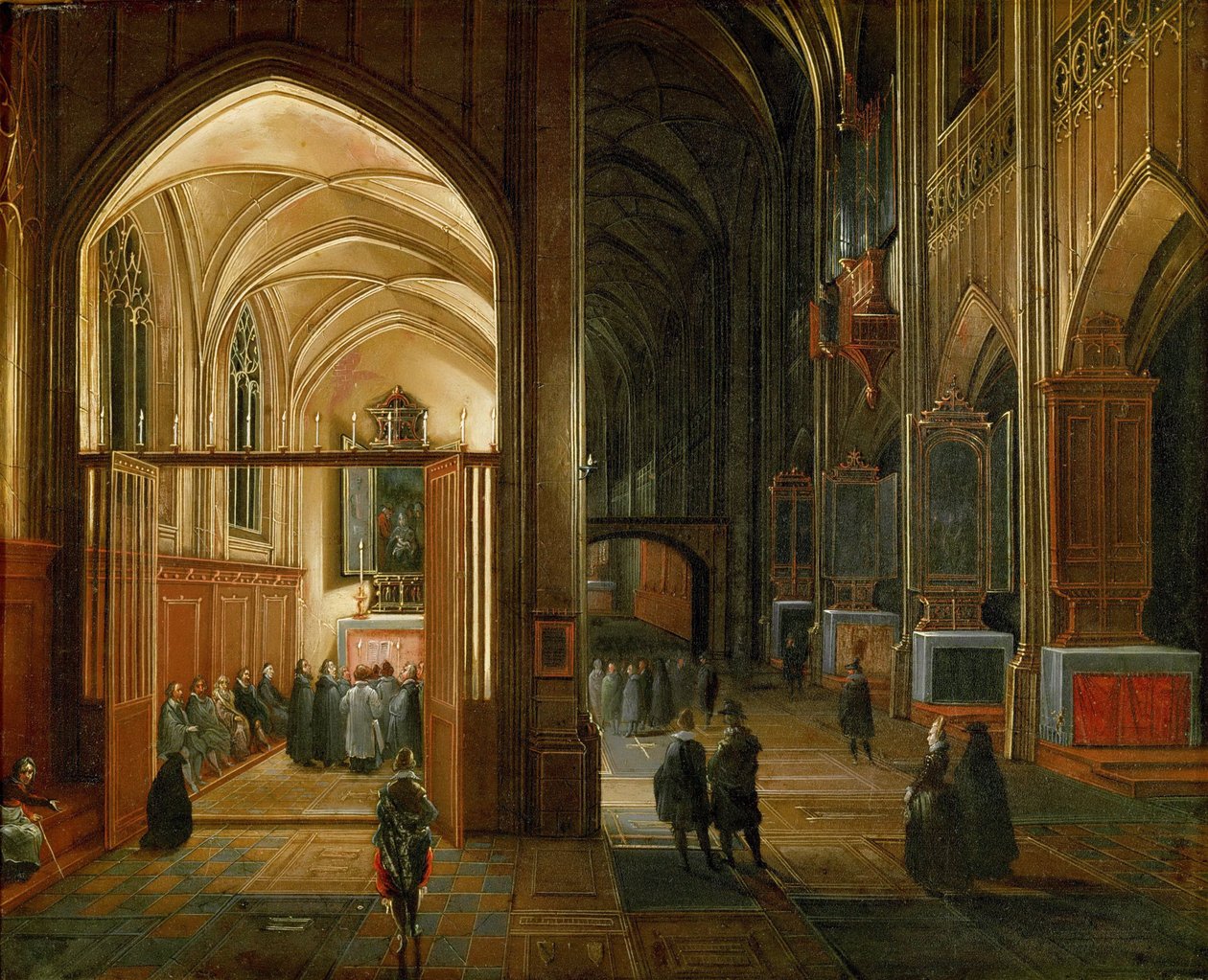 Le service du soir dans une eglise gothique - Evening service in a Gothic church - Hendrick van Steenwyck, the Elder (c. 1550-1603).1600年頃、銅に油彩。寸法：20,8x26,3 cm。ヴィエンヌ美術史博物館 作： ヘンドリック・ヴァン・スティーンウィック