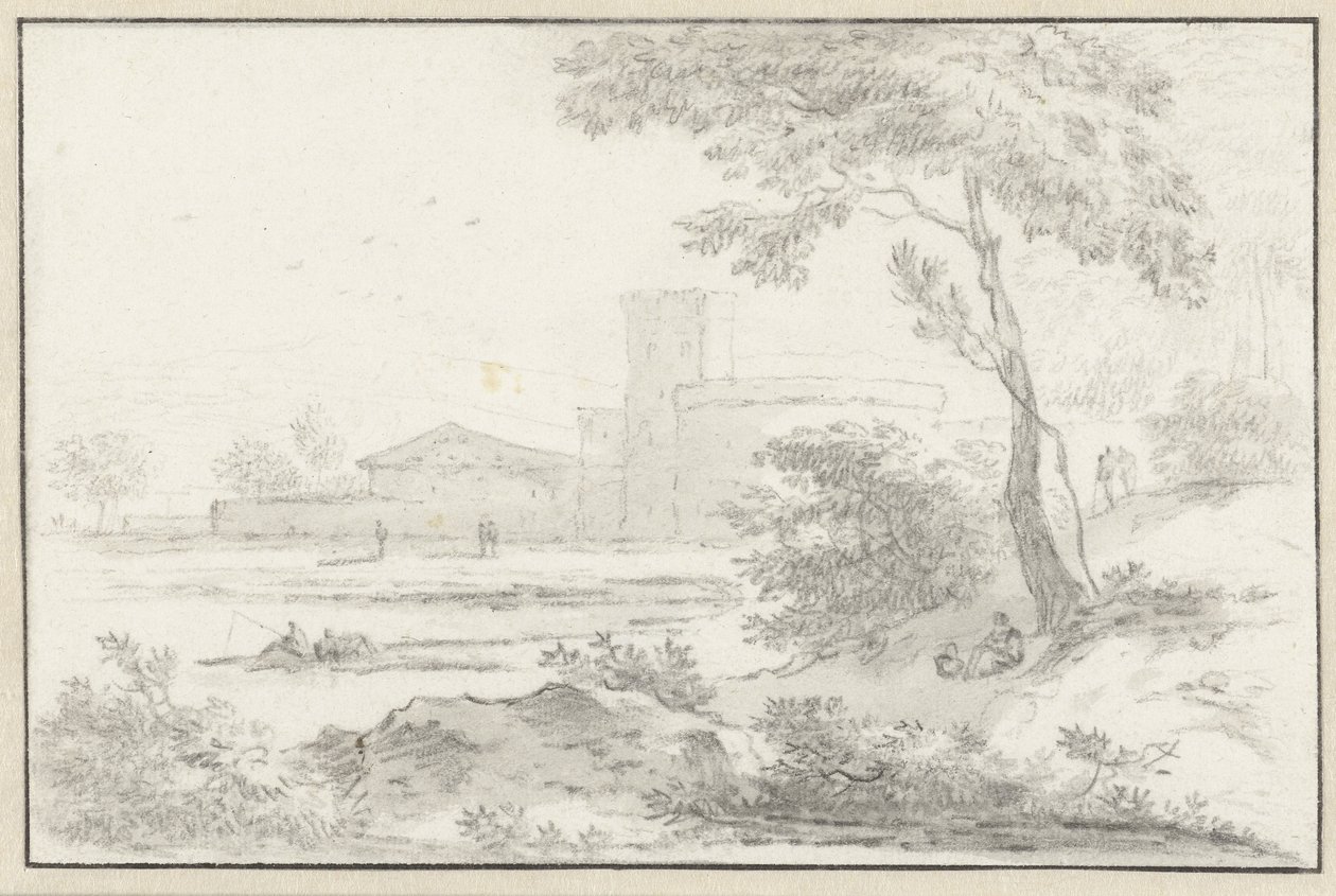 バック グラウンドで要塞化された建物とイタリアの風景 作： Hendrik van der Straaten