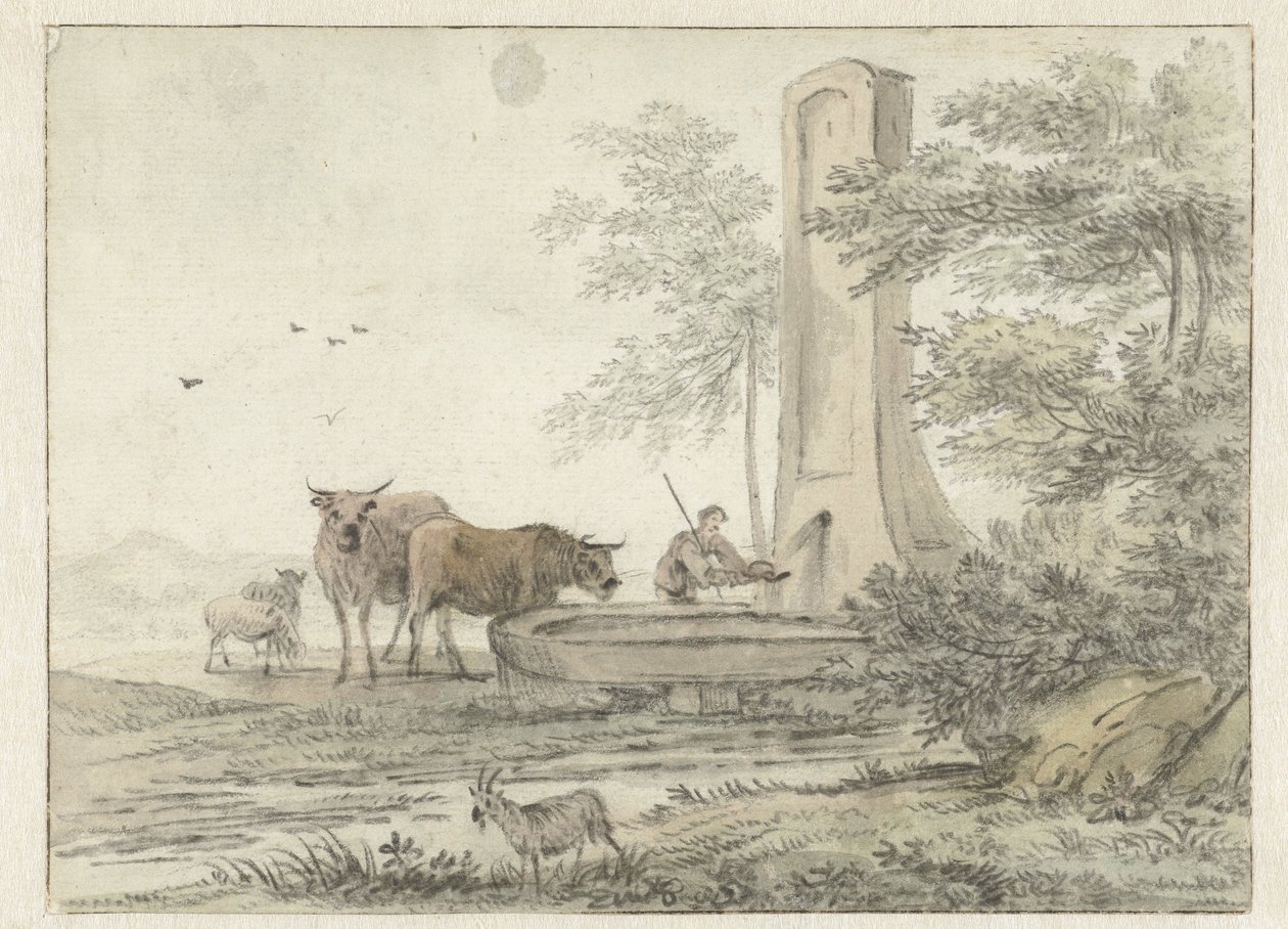 ヘルダーと彼の牛と羊が噴水にいるイタリア風の風景 作： Hendrik van der Straaten