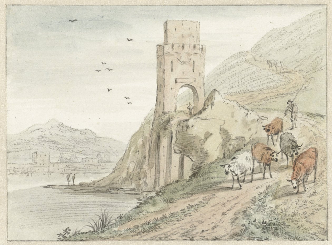 山と門塔のあるイタリア風の川の風景 作： Hendrik van der Straaten