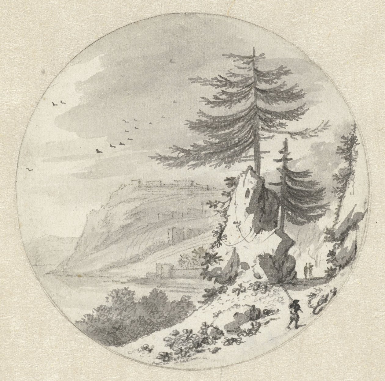 大きなモミの木のある山岳海岸の風景 作： Hendrik van der Straaten