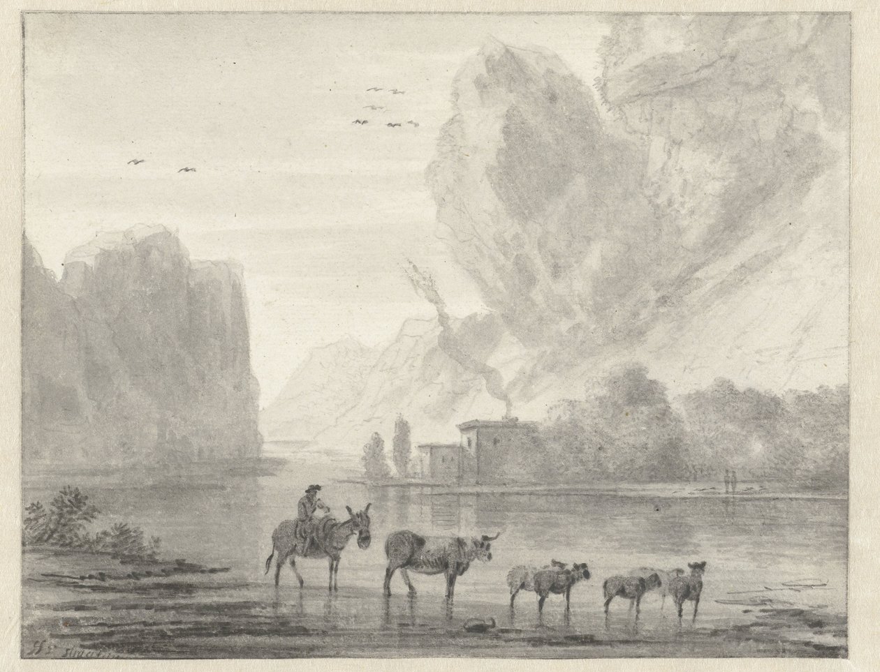 彼の牛と羊と遊牧民とロッキー川の風景 作： Hendrik van der Straaten