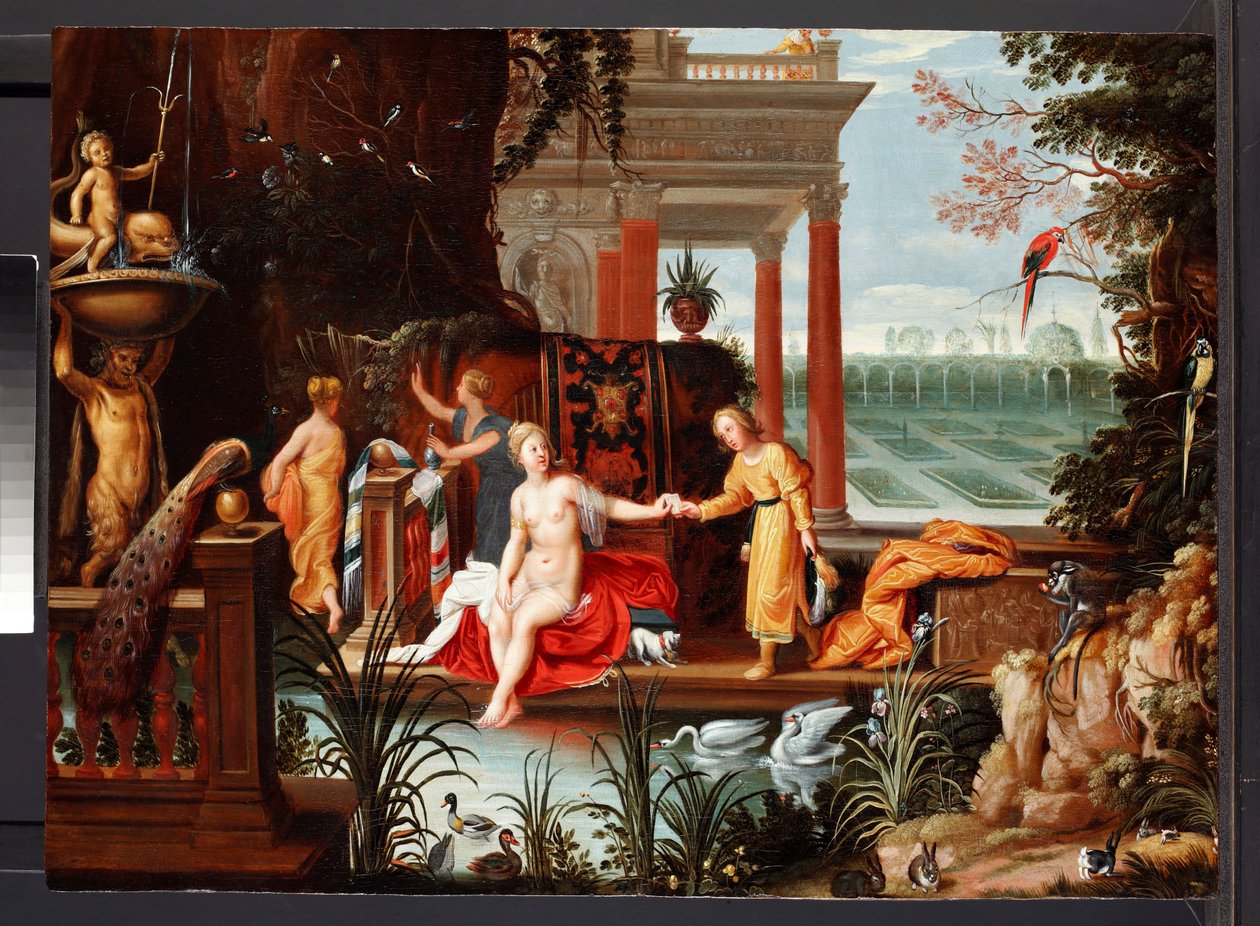 彼女のアテンダントと一緒にプールでバトシェバ、c.1600-42（パネルに油彩） 作： ヘンドリック・ヴァン・ザ・エルダー（サークル）バレン