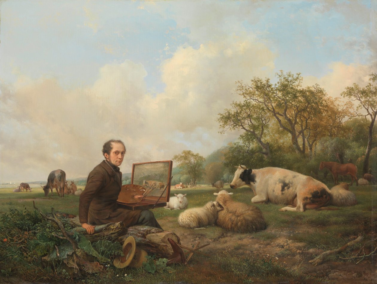 牧草地で牛を描くアーティスト 作： Hendrikus van de Sande Bakhuyzen（アーティストによる署名）