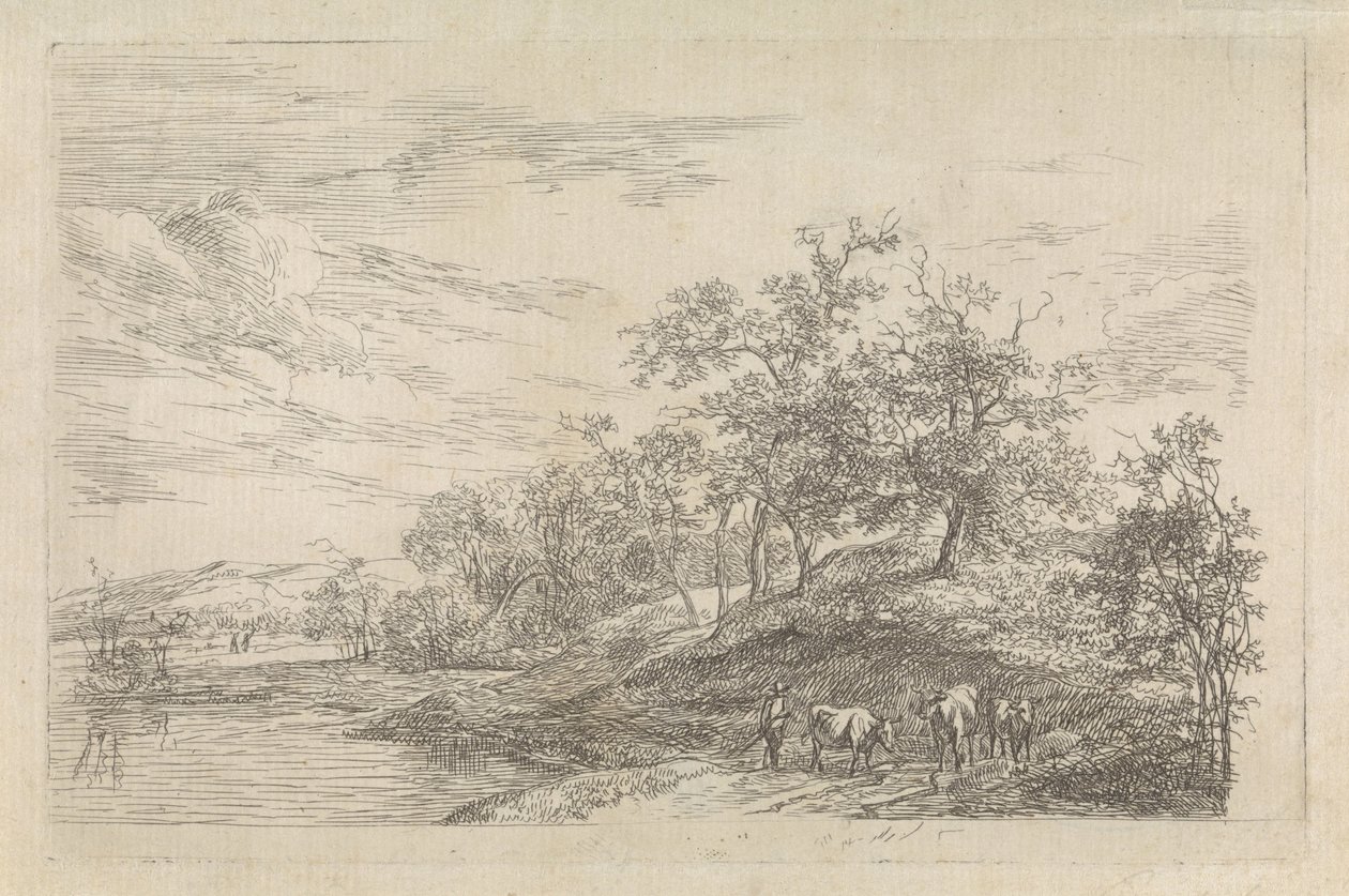 牛と羊飼いのいる丘陵の風景 作： Hendrikus van de Sande Bakhuyzen