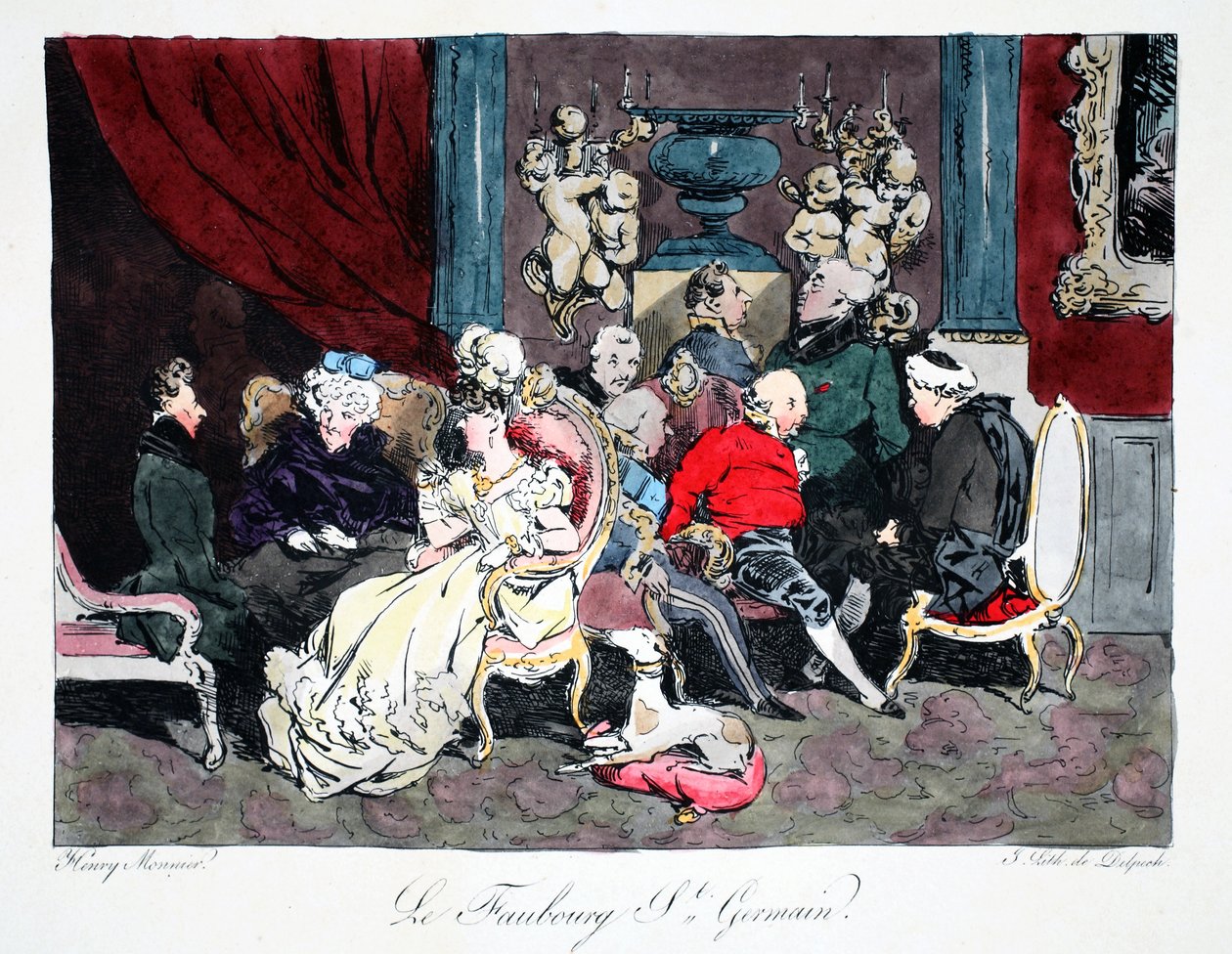 Le Faubourg St. Germain、Henri Monnierの「Six Quartiers de Paris」のイラスト、FS Delpechのリトグラフ、パブ。パリ、1828年頃（手塗りのリト） 作： アンリ・ボナベンチャー・モニエ
