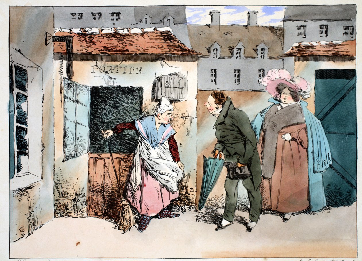 L&39;Épicieret La Portiere、1828年頃（手塗りのリト） 作： アンリ・ボナベンチャー・モニエ