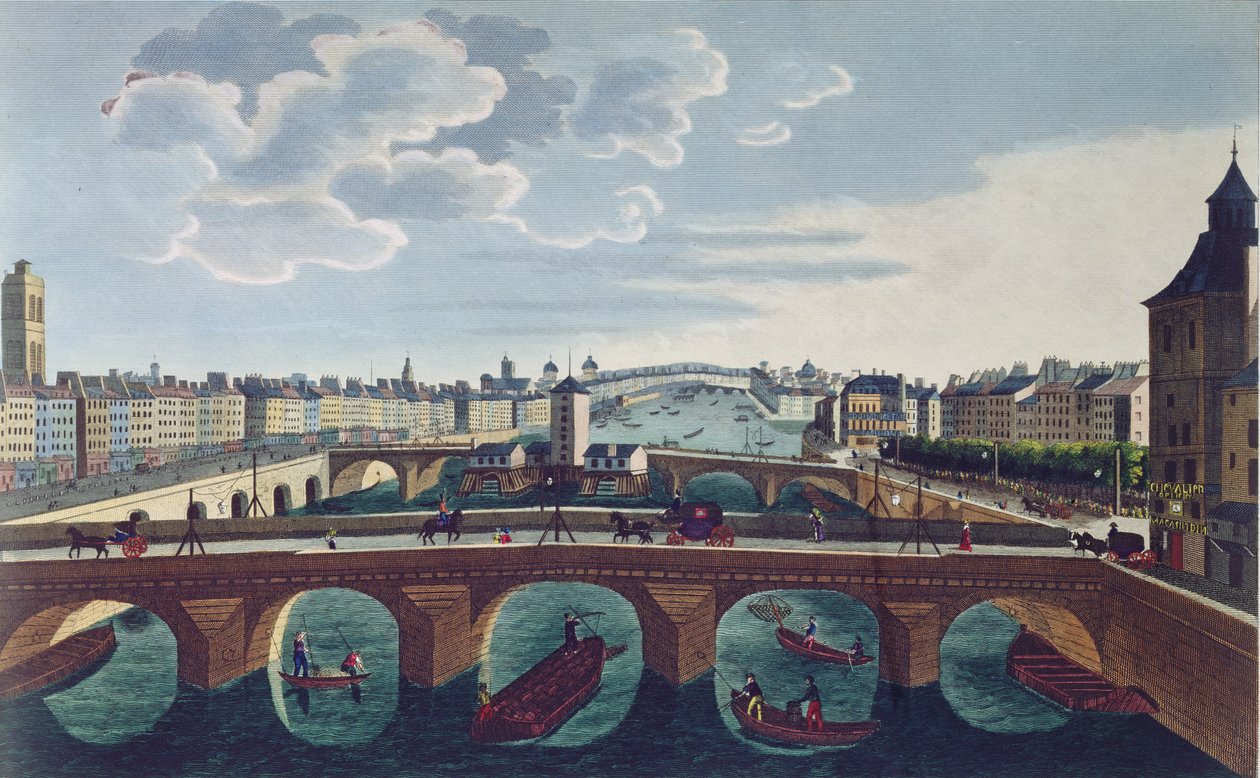 ポンアウチェンジとポンノートルダム、c.1815-20（カラー彫刻） 作： アンリクルボアジェ-ヴォイシン