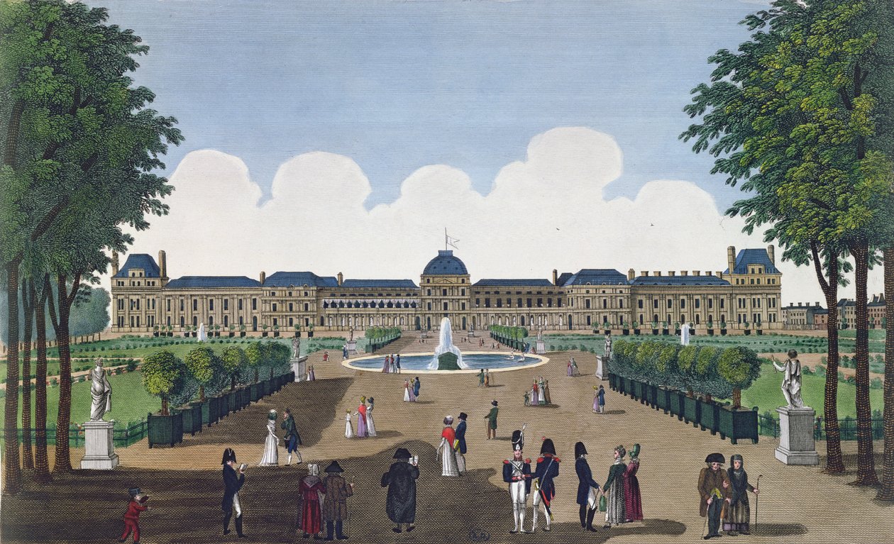 チュイルリーとチュイルリー庭園、c.1815-20（カラー彫刻） 作： アンリクルボアジェ-ヴォイシン