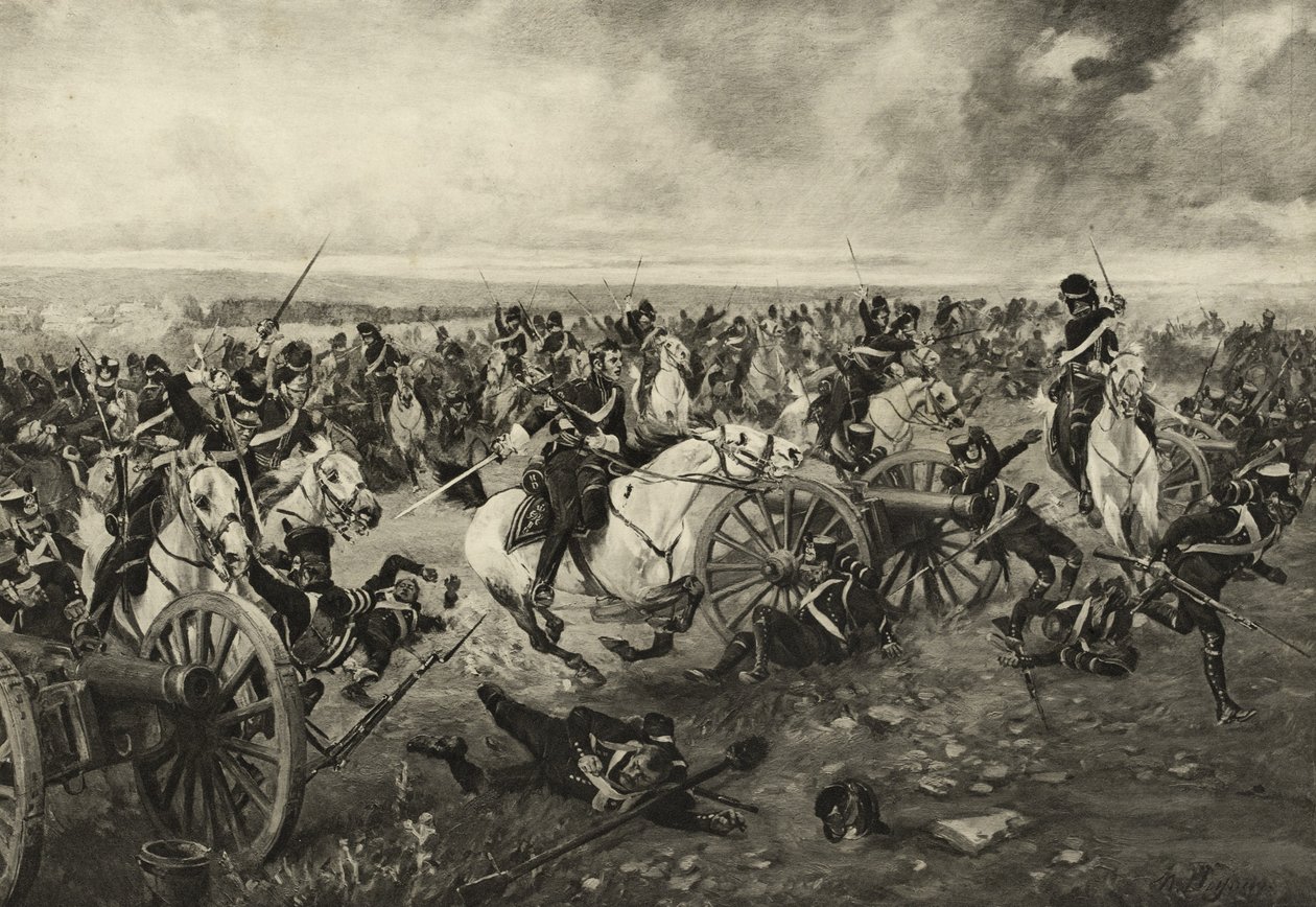 1815年6月18日、ウォータールーでのスコッツ・グレイズ、1902年頃 作： アンリ・ルイス・デュプレー