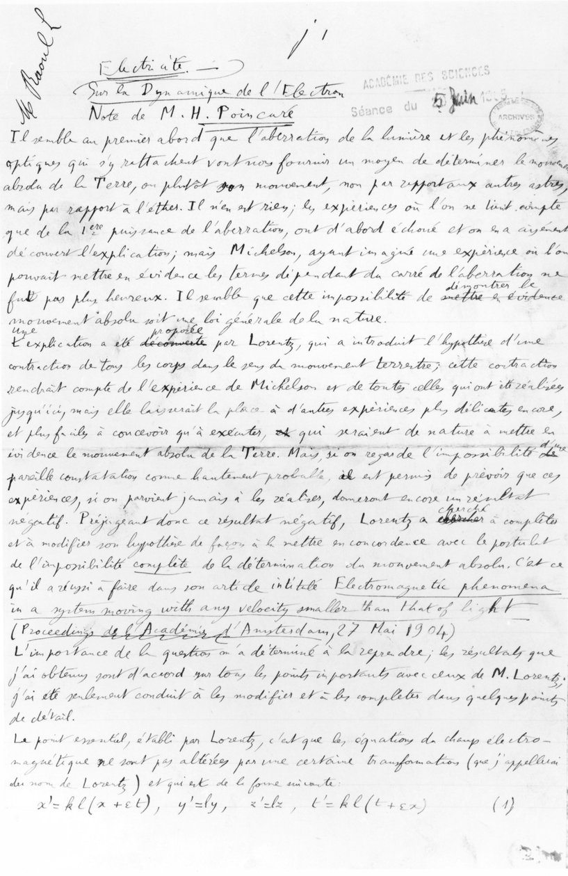 電子力学の原稿、1905年6月5日（紙にペンとインク） 作： アンリ・ポアンカレ