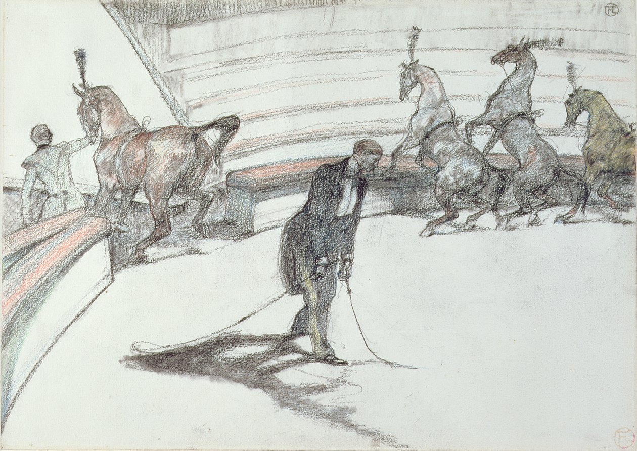 Au Cirque：Chevaux en Liberte、1899（紙に黒と色鉛筆） 作： アンリ・ド・トゥールーズ・ロートレック