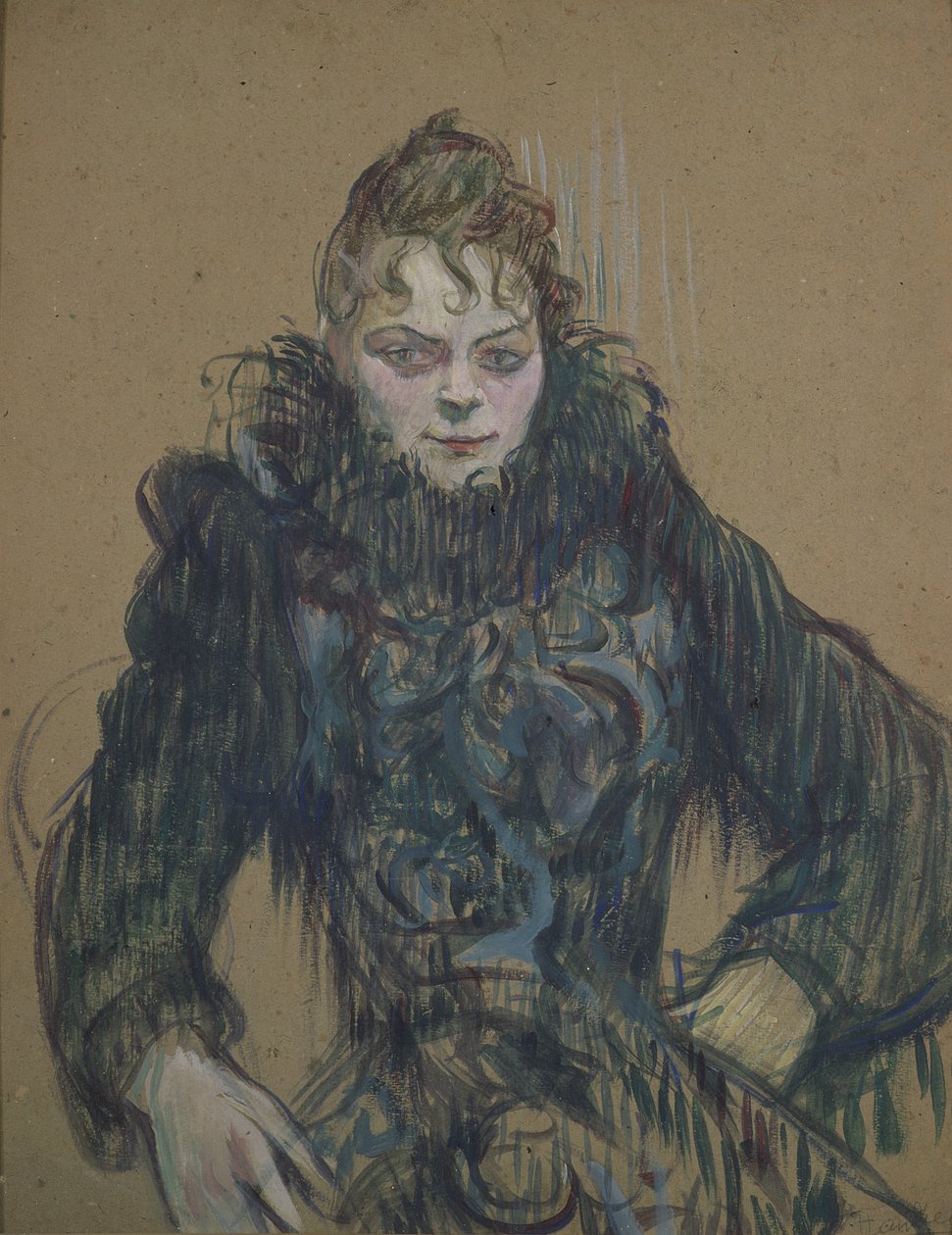 黒のボアを持つ女性、1892年（段ボールに油彩） 作： アンリ・ド・トゥールーズ・ロートレック