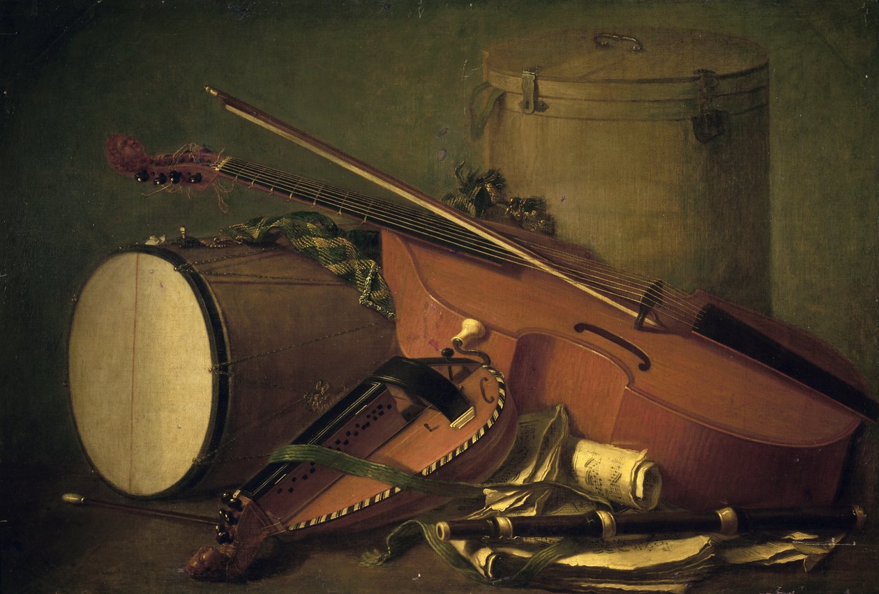 Henri Horace Roland de la Porte (1724-1793) による楽器、ドラム、バイオリン、フルート、ハーディガーディ。 フランス 作： アンリオラースローランドデラポルテ